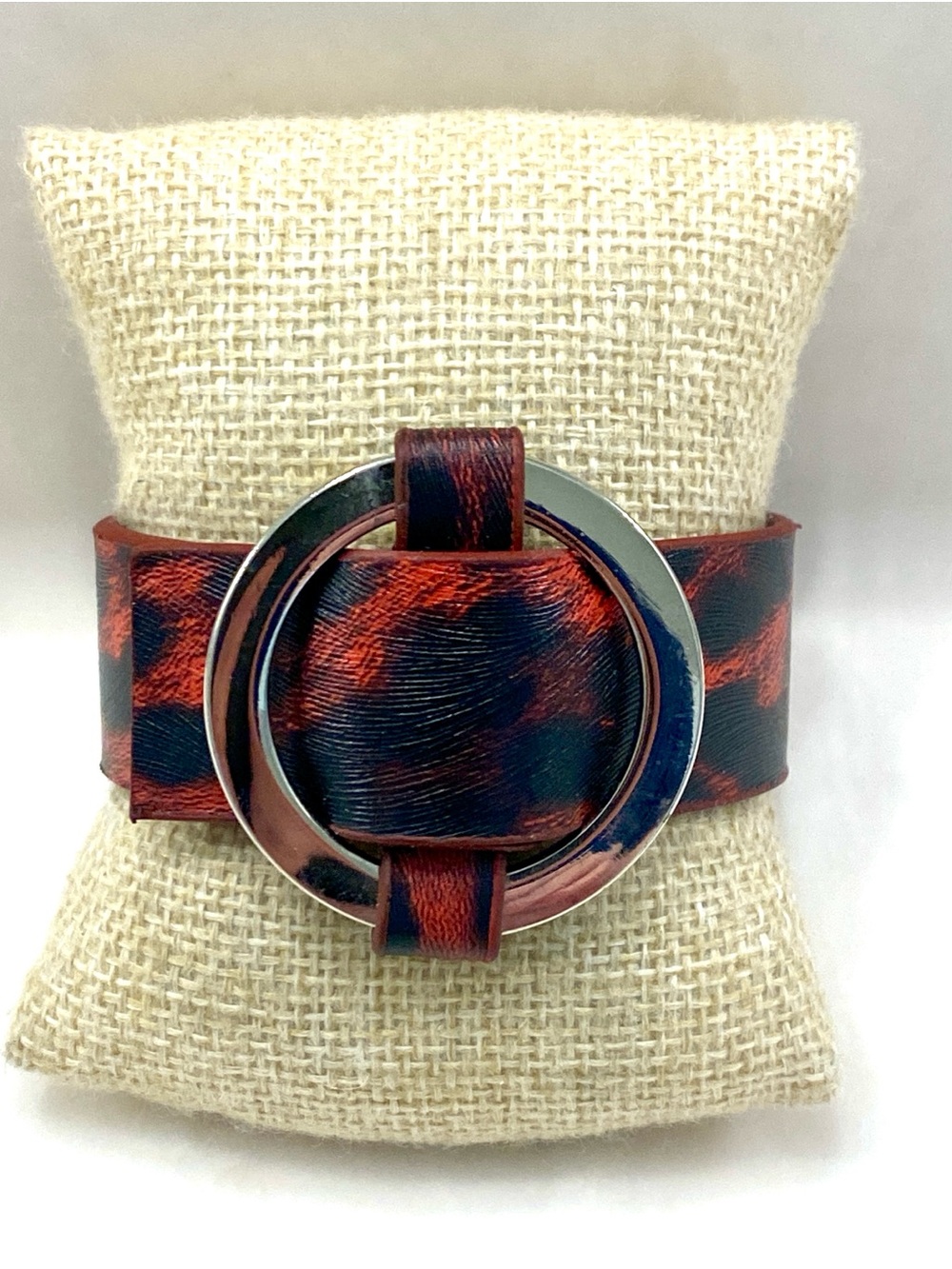 Retro Red and Black Animal Print Wide Bracelet with Silver Ring